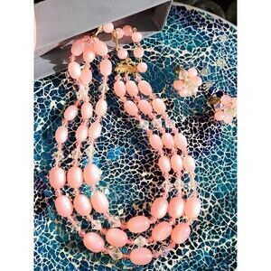 Mid-Century Aurora Borealis Crystal & Pink Lucite Triple Strand Necklace Earring